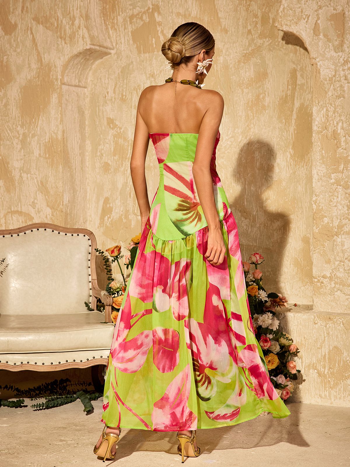 Alikae Strapless Printed Split Maxi Dress In Green