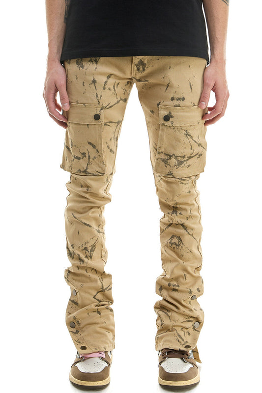 Khaki Stacked Mens Flare Jeans Big Pockets Outer Side Snap Buttons