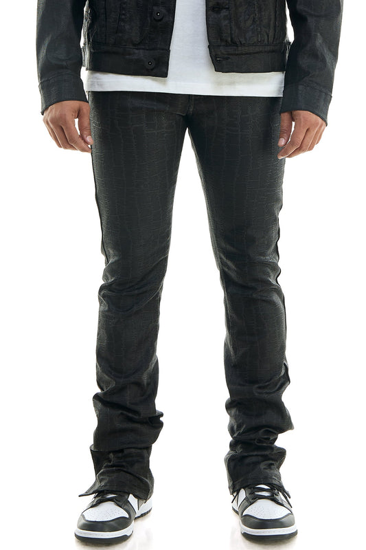 بنطال أسود مكدس من نسيج قطني طويل منقوش