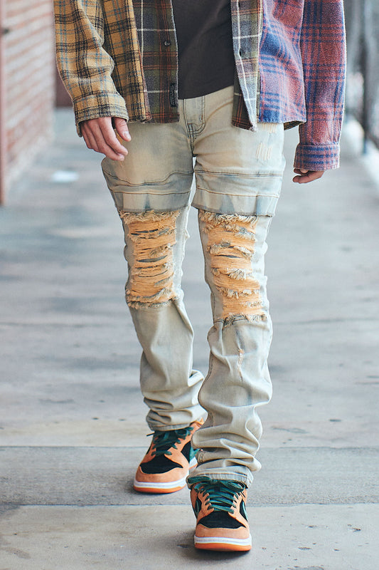 بنطال جينز سكيني بجيب ومكدس ثقيل عند الركبتين