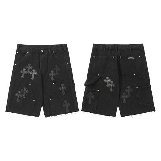 Streetwear Cross Embroidery Denim Shorts Chrome Hearts Loose Fit Jeans Shorts