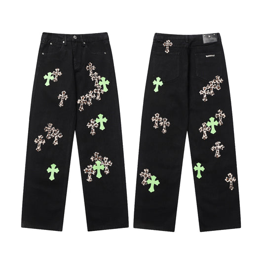 Vintage Cross CH Chrome Hearts Embroidered Washed Denim Jeans Unisex Loose Fit Street Fashion