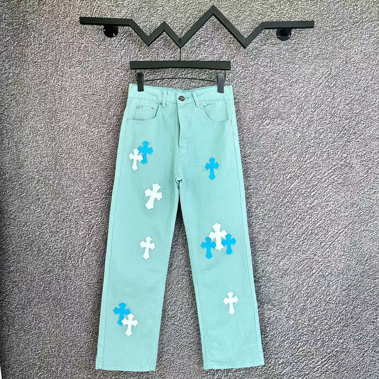 Chrome Hearts Cross Leather Patch Washed Denim Jeans Streetwear Loose Fit Couple Pants
