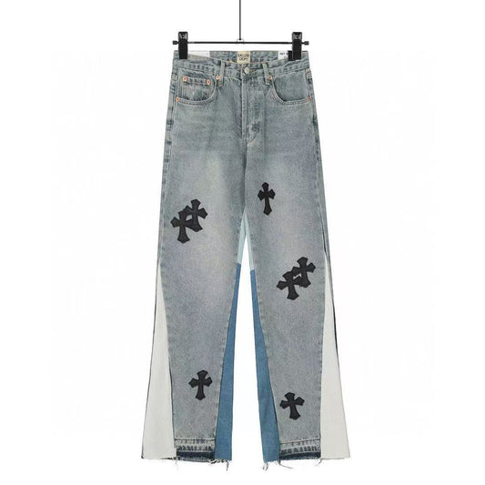 gallery DEPT premium leather cross flare jeans distressed wash patchwork high quality vintage style