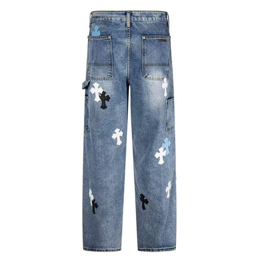 Lumberjack Cross White Denim Patchwork Embroidered Jeans, Unisex Loose Fit