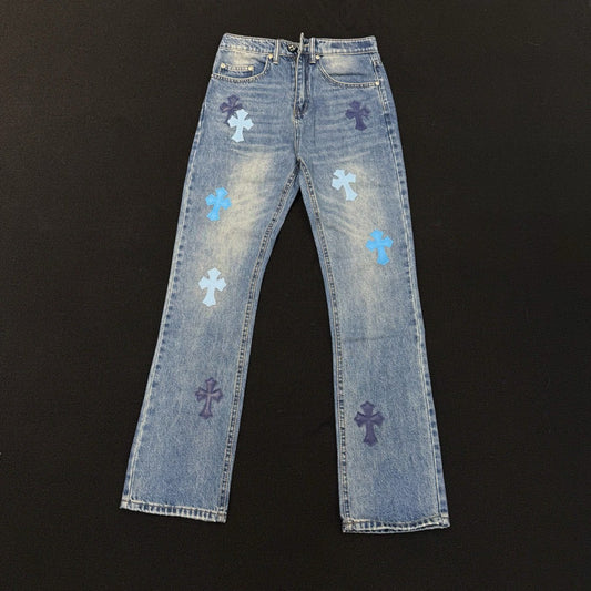 Luxury Chrome Hearts Cross Detail Distressed Jeans High Street Unisex Streetwear Casual Pants