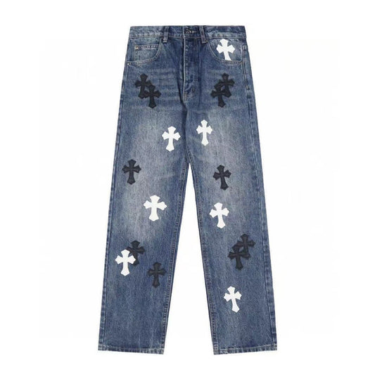 Chrome Hearts Jeans Washed Denim with Cross Leather Design for Men Women