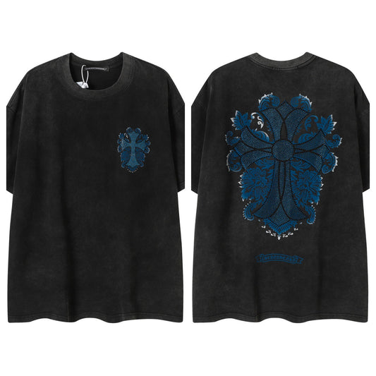 Vintage Washed Pure Cotton Streetwear Chrome Hearts Cross Color Patch Print Short Sleeve T Shirt Cross Print Tee