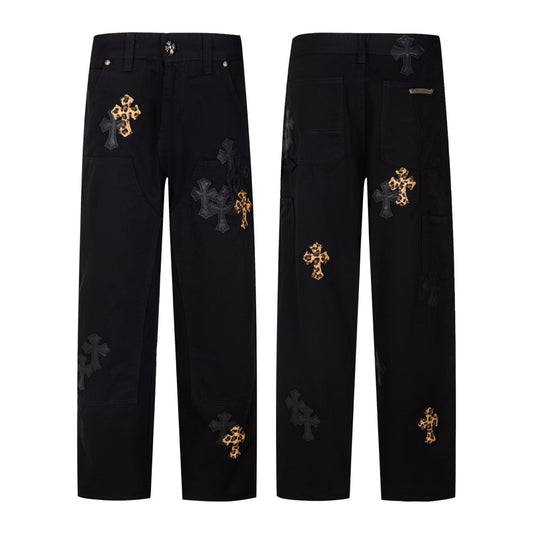 Workwear Black Leopard Cross Patchwork Loose Fit Couple Chrome Hearts Jeans