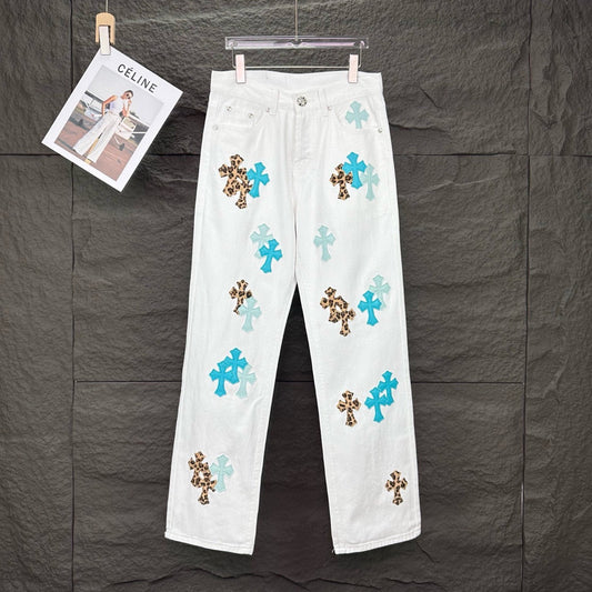 New Cross Small Design Trend Brand Front Back Patchwork White High Waist Chrome Hearts Jeans