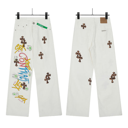 Vintage Chrome Hearts Cross Print Denim Jeans Loose Fit Couple Streetwear Washed Embroidered