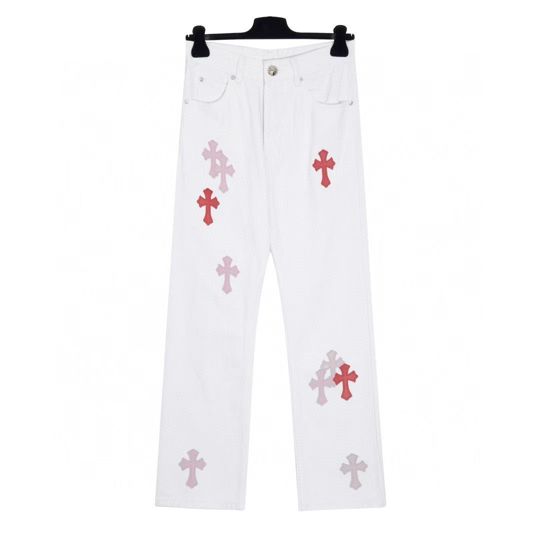 Chrome Hearts Cross Patch Embroidered Washed Denim Jeans Couple Loose Fit