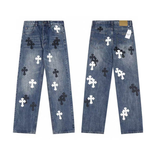 Chrome Hearts Jeans Washed Denim with Cross Leather Design for Men Women