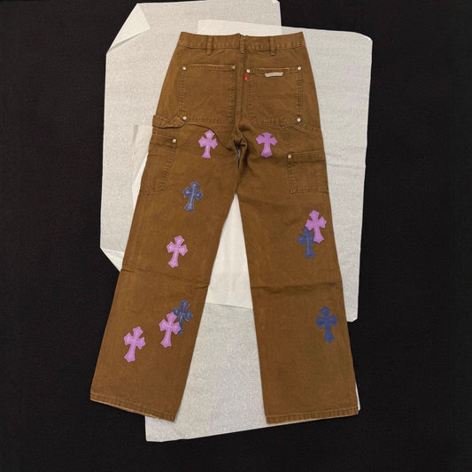 Chrome Hearts Patchwork Jeans with Cross Sanskrit Leather Label Distressed Washed Straight Leg Pants