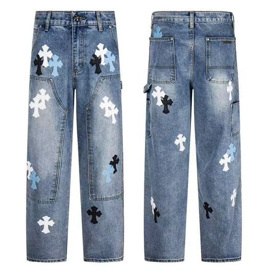 Lumberjack Cross White Denim Patchwork Embroidered Jeans, Unisex Loose Fit