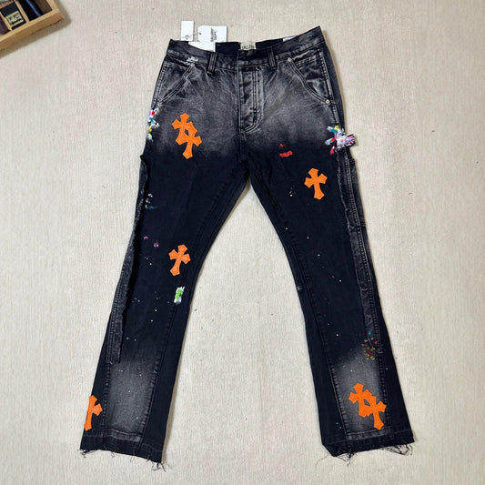 Gallery DEPT Splashed Orange Leather Cross Washed Denim Pants for Men and Women Guangzhou Supply