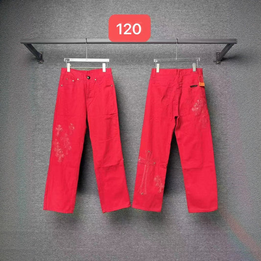 Chrome Hearts Dopamine Red Cross Patch Couple Distressed Jeans Trendy Leather Accents