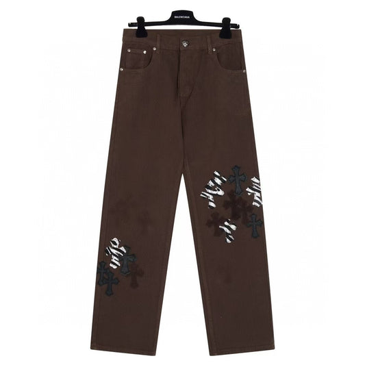 Chrome Hearts Cross Patch Embroidered Washed Denim Jeans Couple Loose Fit