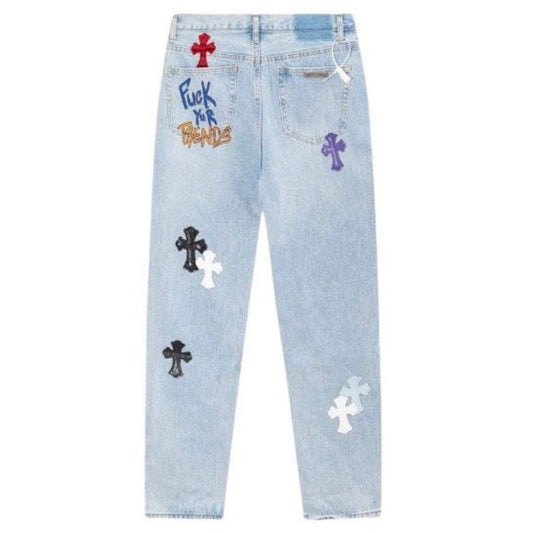 Vintage Washed Blue Jeans with CH Cross Leather Patch Embroidery Streetwear Couple Denim Pants