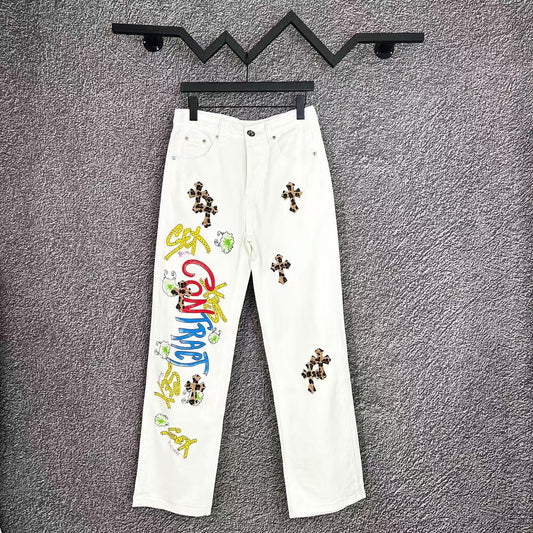 Chrome Hearts Cross Distressed Denim Jeans Couples Streetwear Loose Fit Trousers