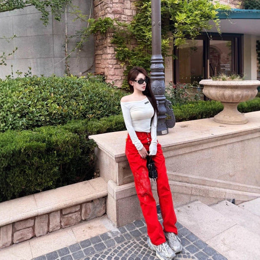 Chrome Hearts Dopamine Red Cross Patch Couple Distressed Jeans Trendy Leather Accents