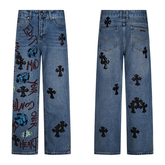 Vintage Chrome Hearts Cross Embroidered Denim Jeans Unisex Loose Fit