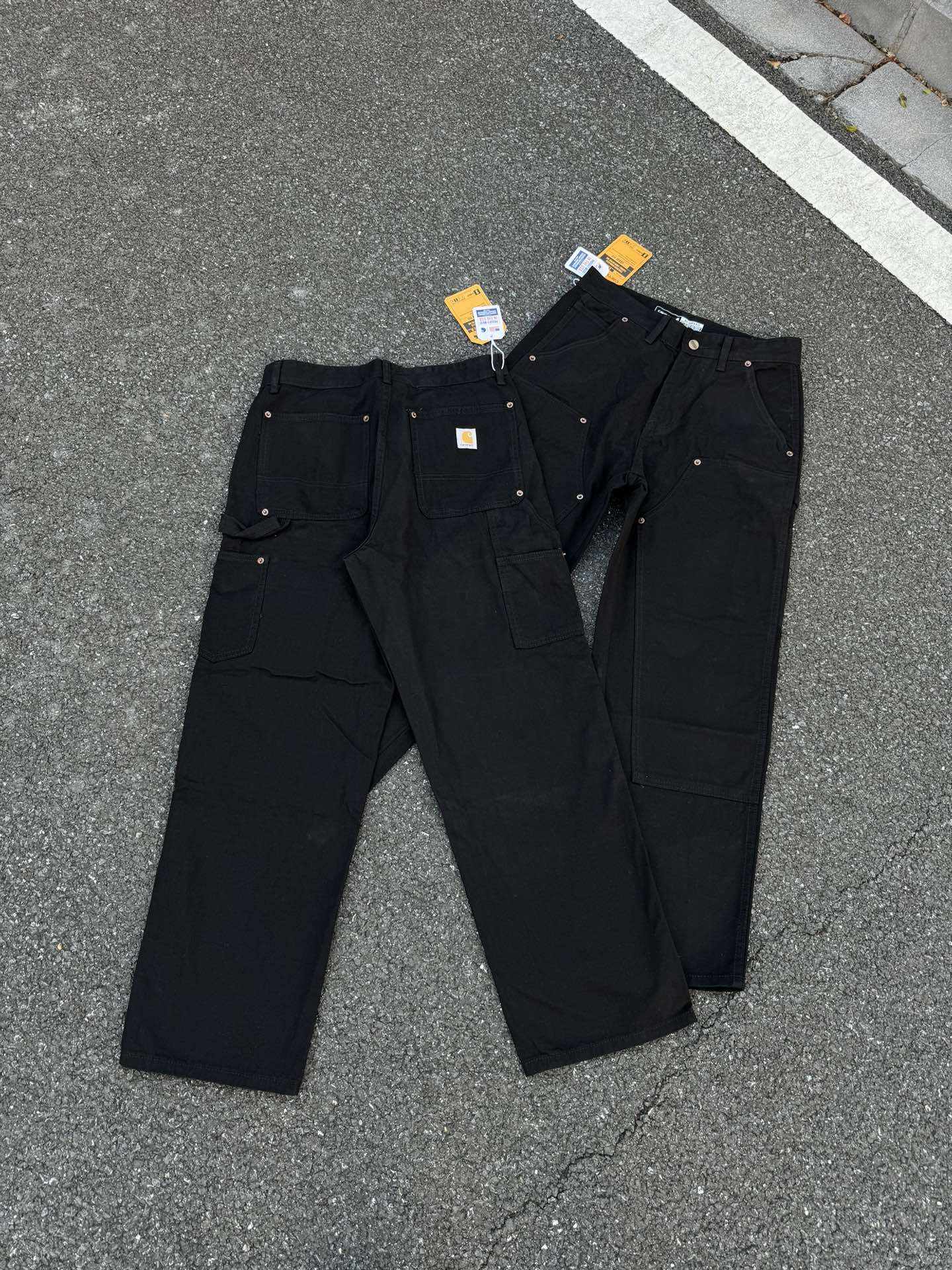Carhartt Black Washed Double Knee Canvas Jeans with Metal Buckle Decor and Large Pockets Unisex Work Pants