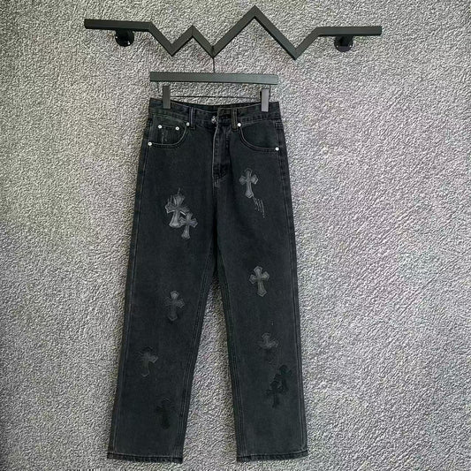 Chrome Hearts Cross Distressed Denim Jeans Couples Streetwear Loose Fit Trousers