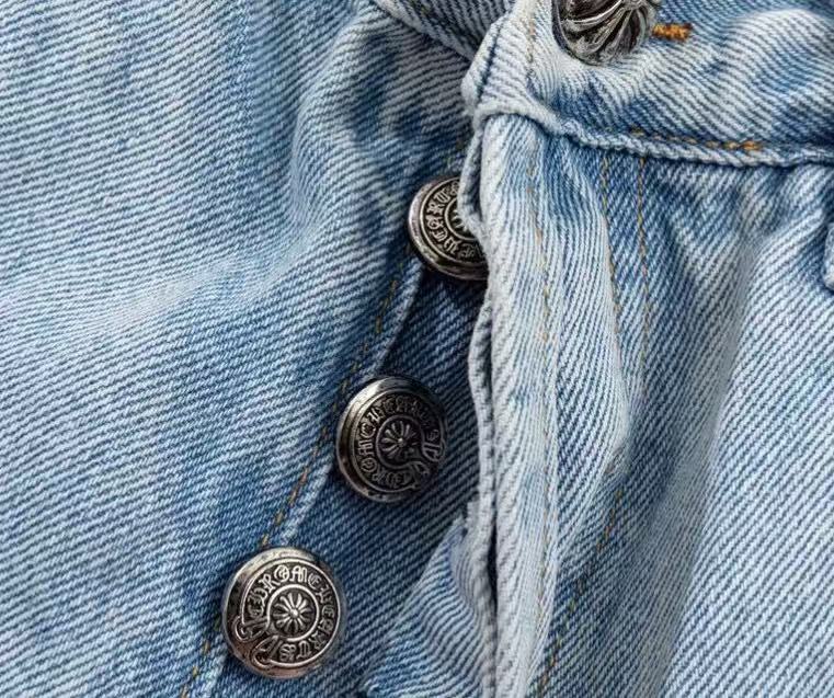 Vintage Washed Blue Jeans with CH Cross Leather Patch Embroidery Streetwear Couple Denim Pants