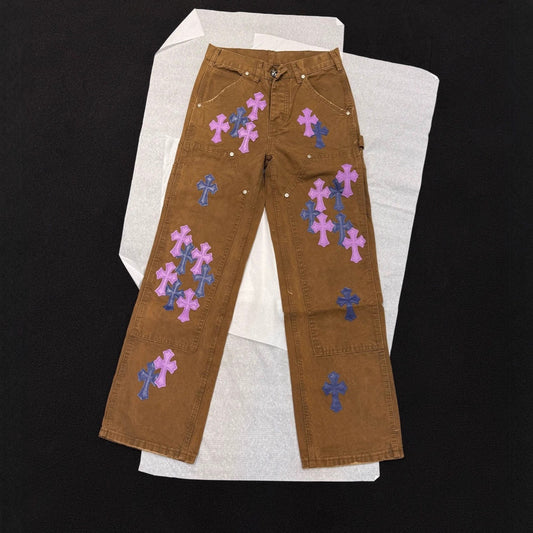 Chrome Hearts Patchwork Jeans with Cross Sanskrit Leather Label Distressed Washed Straight Leg Pants