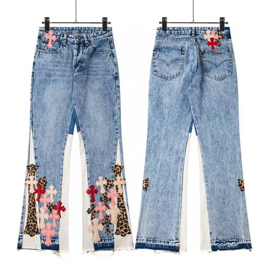 Chrome Heart High Quality Pink Leopard Patch Cross Flare Loose Fit Jeans for Men and Women