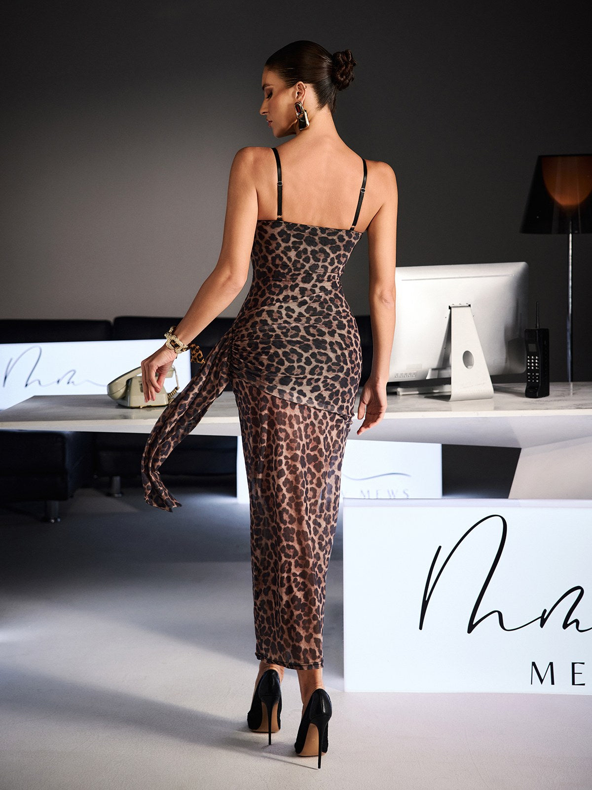 Xanriel Spaghetti Leopard Lace Maxi Dress In Brown