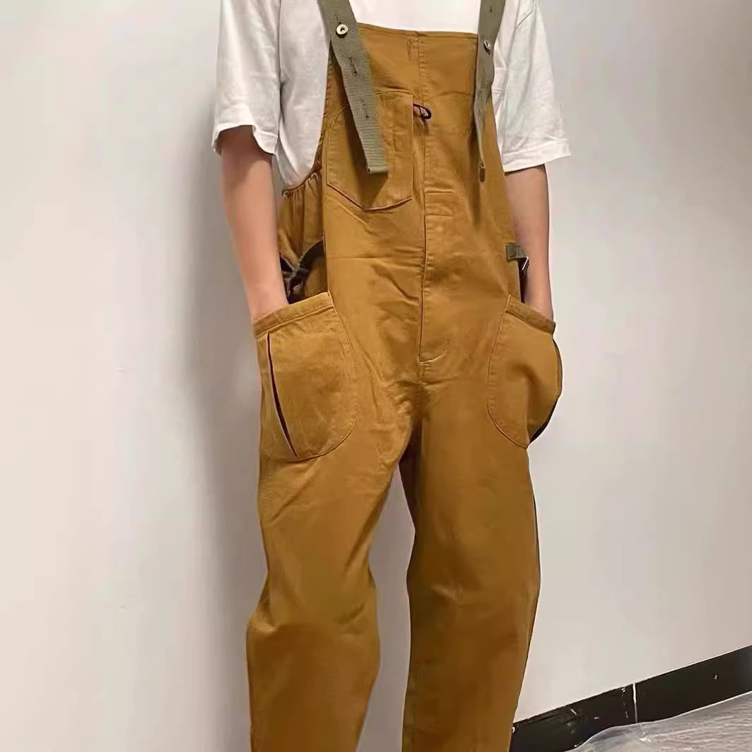 Vintage loose straight overalls May Khaki casual one-piece suspenders