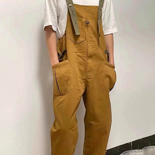 Vintage loose straight overalls May Khaki casual one-piece suspenders