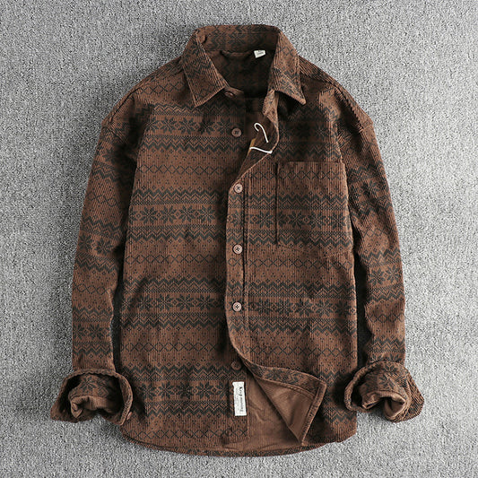 Corduroy Long-sleeved Vintage Printed Shirt