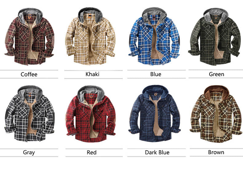 Men's Jacket Plaid Shirt with Fleece Hooded Outdoor Plaid Jackets