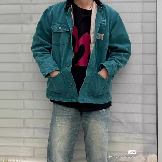 STU Collaboration Multi-Pocket Canvas Jacket Michigan Workwear Collared Jacket Loose Felt Lining