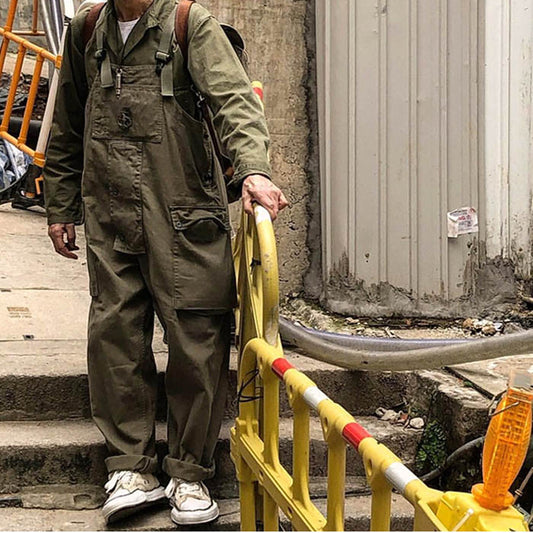 Military Green Backpack Pants with Loose Overalls Work Pants