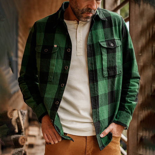 Cotton Long Sleeves Plaid Flannel Field Shirt Green