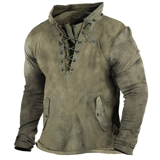 Solid Color Casual Vintage Lace-Up Men's Hoodie T-Shirt