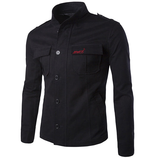 British Style Solid Color Embroidery Standing Collar Men's Cargo Jacket - KINGEOUS