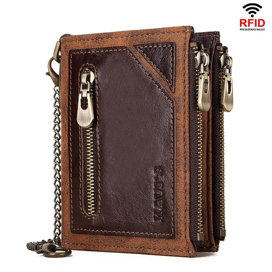 Retro Double Zipper Anti-theft Brush RFID Leather Men's Wallet