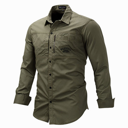 Military Style Lapel Zipper Design Long Sleeve Men's Shirt