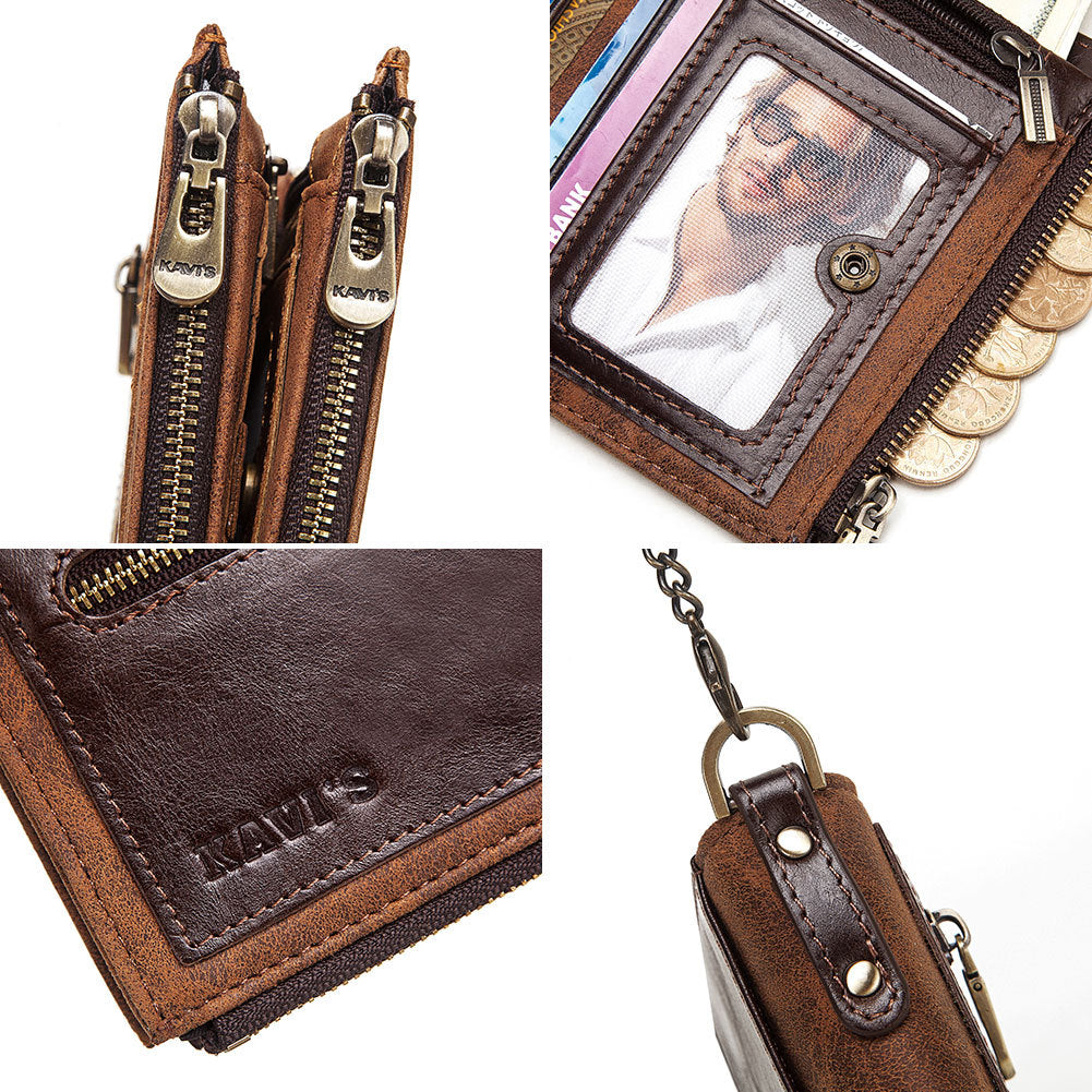 Retro Double Zipper Anti-theft Brush RFID Leather Men's Wallet