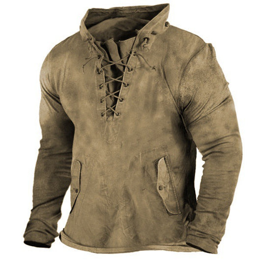 Solid Color Casual Vintage Lace-Up Men's Hoodie T-Shirt