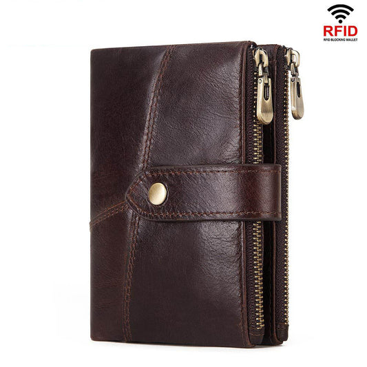 First Layer Cowhide RFID Leather Double Zipper Coin Men's Wallet
