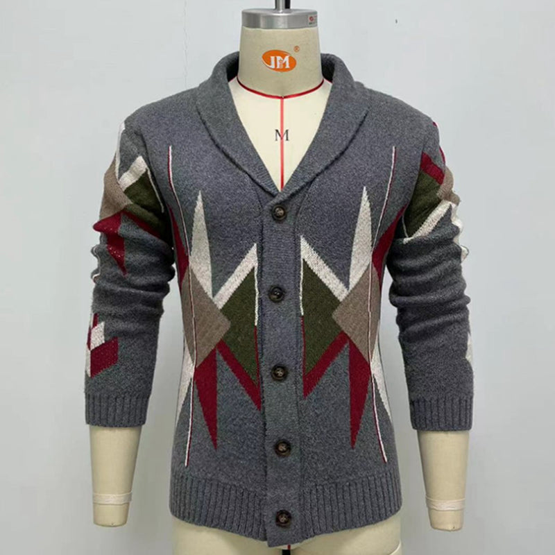 Lapel Thicken Long Sleeved Grey Jacquard Weave Men Cardigan Sweater