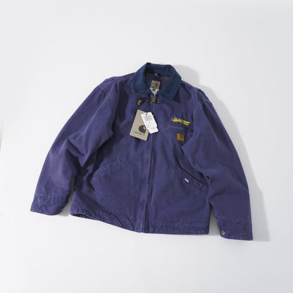 Stussy x Carhartt vintage J97 washed canvas jacket, loose-fitting collared zip-up coat for couples.