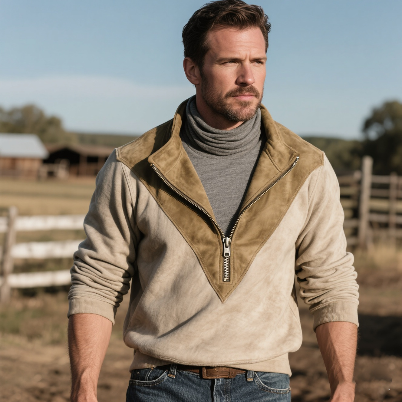 Men's Casual Beige Suede Zip-Up Sweatshirt Jacket With Turtleneck Patchwork