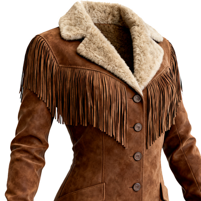 Women's Western Fringed Suede Coat With Fur Collar